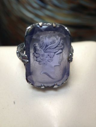 Vintage Art Deco Blue Stone Female Intaglio Ring Size 5.  5