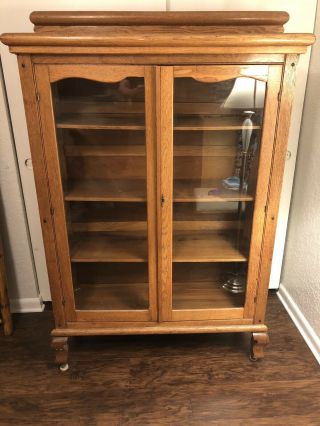 Antique Victorian Golden Tiger Oak Glass Two - Door Bookcase China Cabinet