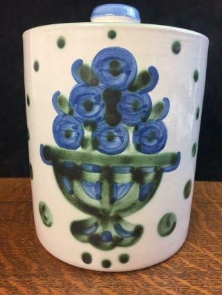 M.  A.  Hadley Pottery Bouquet 7 1/2 " Tall Canister Jar & Lid Storage Vtg Blueberry