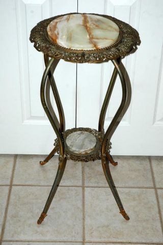 Antique Vintage Round Ornate Metal & Marble Top Plant/lamp Table 15x30 "