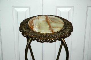 Antique Vintage Round Ornate Metal & Marble Top Plant/Lamp Table 15x30 