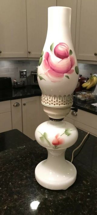 Vintage Hand Painted Milk Glass Hurricane Electric Lamp Pink Flowers 17” Tall
