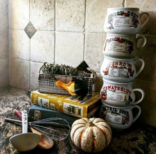 Vintage ‘70s Soup Recipe Mug Cups Set Of 5 Mushroom Tomato Oxtail Onion