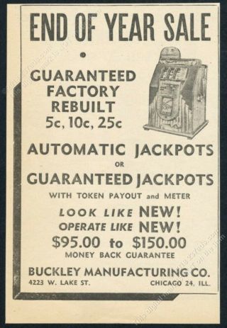 1950 Buckley Slot Machine Photo Vintage Trade Print Ad