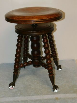 Antique Red Oak Piano Stool H Holtzman & Sons Glass Ball & Claw Feet Adjustable