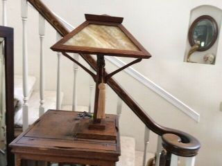 Mission Arts & Crafts Quarter Sawn Oak Table Lamp W/ Caramel Colored Glass