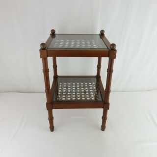 Vtg 1950s Small Side Table Caned / Brass Spheres Mahogany Regency Faux Bamboo