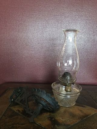 Antique Clear Glass Oil Lamp With Cast Iron Wall Mount & Holder Pat 1870 & 1875