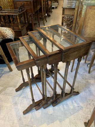 Vintage Walnut & Glass Top Bamboo Design Set Of 4 Nesting Stack Tables