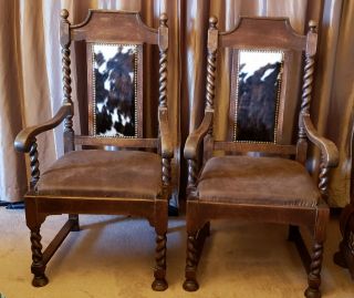 Pair Antique Oak Barley Twist Throne Chairs Cowhide Hair Nailhead