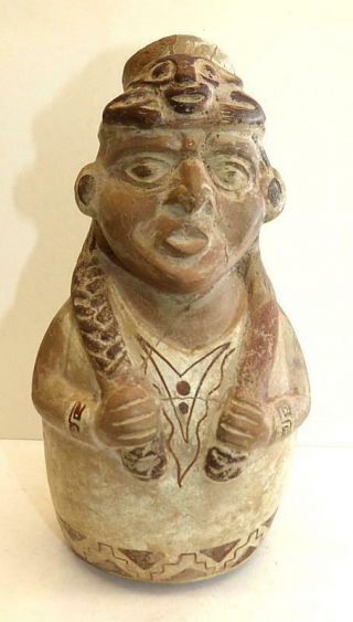 Pre - Columbian Moche Peru Painted Figural Pot Ca 400 Ce - 8 1/4 " Tall - Restored