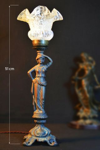 Vintage 1950s Cast Bronze Classic Figural Lamp Victorian Hand Made Shade
