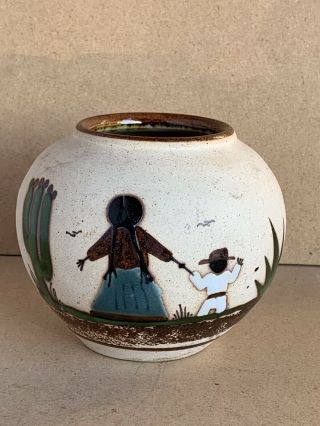 Mexican Folk Art Ceramic Pottery Woman & Child Bowl Vase Earth Tone Colors