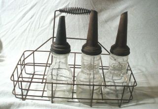 Vintage 3 Motor Oil Quart Bottles In Metal Carrier W/ Pour Spouts Sohio