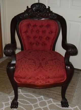 Antique Empire 1870 Mahogany Parlor Upholstered Arm Chair Carved Lions Claw Feet