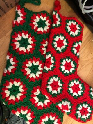 2 Vintage Large Granny Square Crochet Christmas Stocking Green Red White