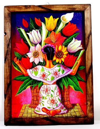 Print/painting Mexico Folk Art Wood Frame Diego Rivera Vendiendo Flores 17 " X13 "