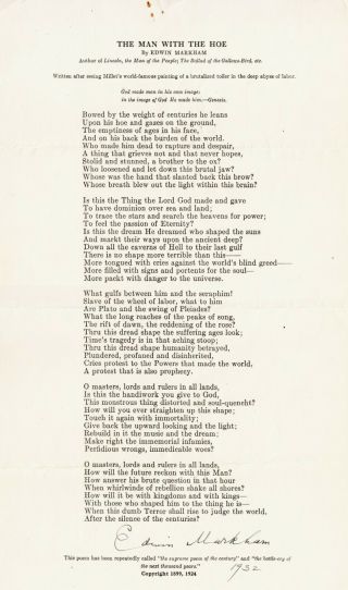 Edwin Markham: Signed Poem The Man With The Hoe.  Battle - Cry Of Next Thousand Yrs