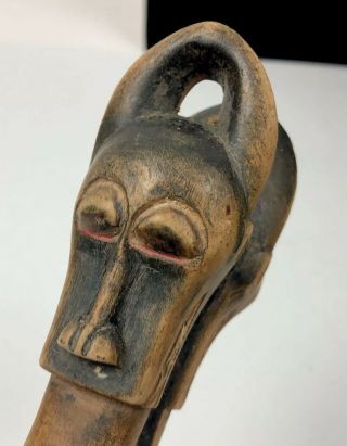 Small Antique African Hand Carved Wooden Mask Staff Handle Stick,  Unknown Origin