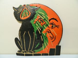 Vintage 1933 Beistle Halloween Die Cut Embossed Decoration Black Cat And Moon