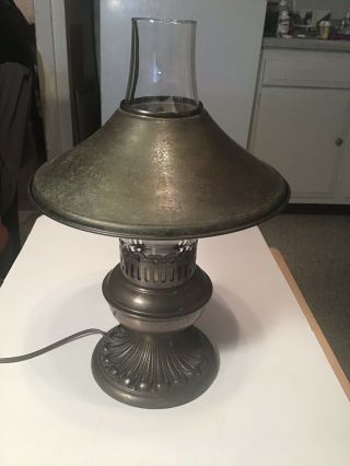 Vintage Metal Desk - Table Lamp With Metal Shade,  W/ Glass Chimney Exc.  Condtion