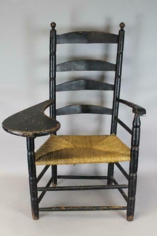 A Rare W&m 18th C Ct 4 Slat Ladderback " Writing Arm " Chair In Old Black Paint