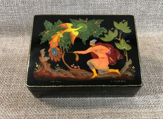 Vintage Hand Painted Rectangular Black Lacquer Trinket Box Signed
