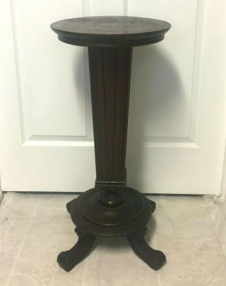 Antique Solid Mahogany Wood Round Turned Pedestal Fern Plant Stand -