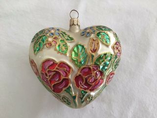 Vintage Christopher Radko Christmas Ornament Red Roses Hand Blown Glass.