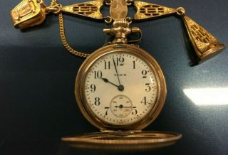 Antique Elgin 3/0s Gold Filled Ladies Pocket Watch With Great Fob Not Running