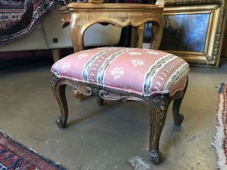 Antique French Louis Xv Style Carved Walnut Petite Upholstered Footstool