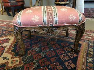 Antique French Louis XV Style Carved Walnut Petite Upholstered Footstool 2