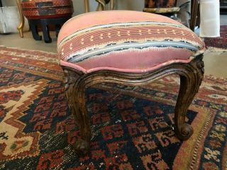 Antique French Louis XV Style Carved Walnut Petite Upholstered Footstool 3