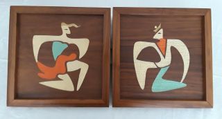 Vintage Mid Century Abstract Wood Wall Art Cutout Relief Set 3d Painting Pair