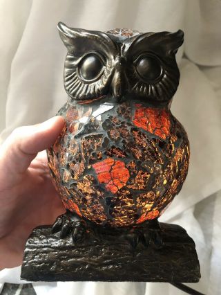 Light Up Cute Mosaic Owl Lamp Glows Orange