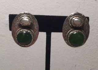 Joan Slifka Vintage Sterling Silver Southwestern Green Nephrite & Pearl Earrings