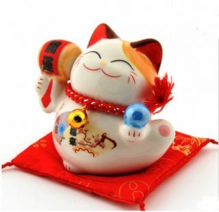 Oriental Ceramic White Maneki Neko Fortune Blessing Waving 3.  6” Lucky Cat (a6)