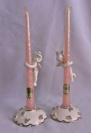 2 Vintage Holt Howard 1958 Two Piece Candle Holders Base With Angels
