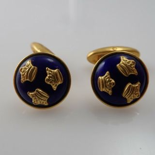 Vintage Lagerstroms F A/b Blue Enamel Crown Gold Tone Cufflinks