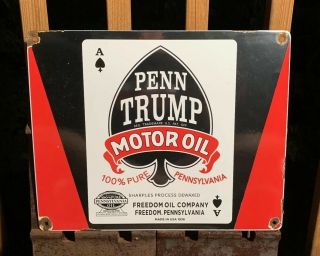 Vintage 1936 Dated Penn Trump Motor Oil Porcelain Gas Station Advertising Sign