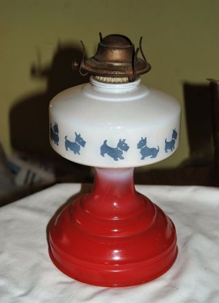 Vintage Oil Lamp - Red,  White With Blue Scottie Dogs 11 " Tall To Top Of Burner