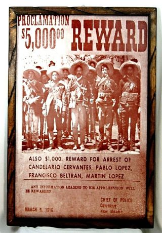 Rustic Wood Frame Print/paint Pancho Villa Reward Proclamation Mexico 17 " X13 " Lg