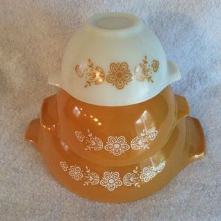 Set Of 3 Vintage Pyrex Butterfly Gold Cinderella Mixing Bowls 441 442 443 - Exc