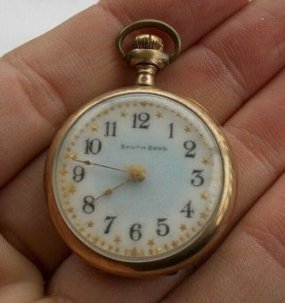Rare Vintage 1.  25 " South Bend Wind Up Gold Filled Pocket Watch 17 Jewels Fancy