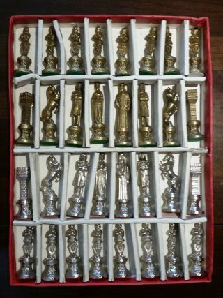 Vintage Brevettato Cast Metal Chess Set Nickel Romans & Brass.  Heavy,  Over 5 Lbs
