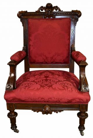 Antique Gothic Revival Victorian Carved Walnut Parlor Chair