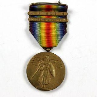 Wwi Us Army Victory Medal W/ 2 Clasps Bars Aisne Defensive Sector Aef