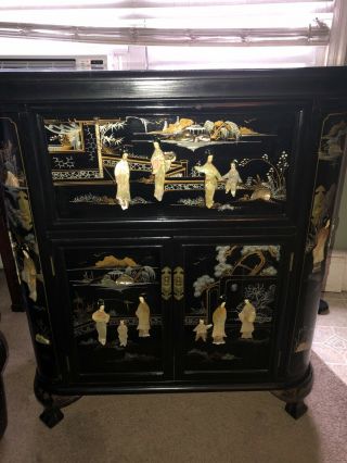 Oriental Black Lacquer Bar Cabinet