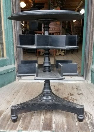 VICTORIAN EBONIZED REVOLVING STAND WITH BOOK SHELVES 2