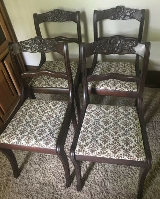 Set Of 4 Duncan Phyfe Antique Mahogany Wood Dining Side Chairs Carved Roses